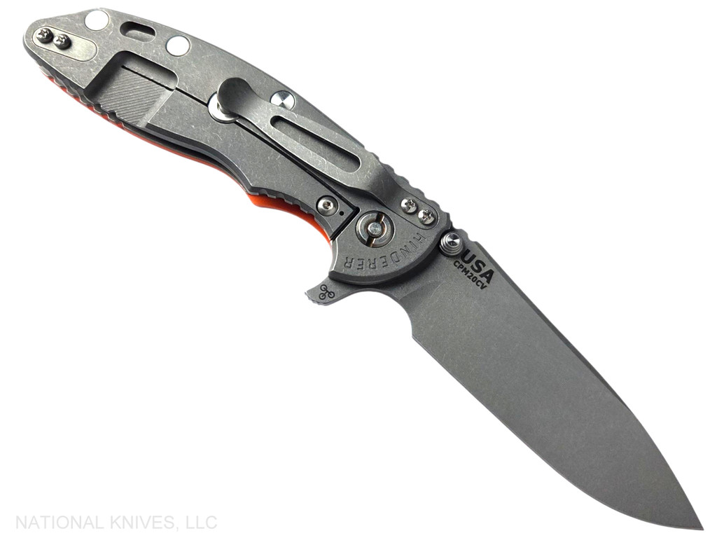 Rick Hinderer Knives XM-18 3.5" Slicer Hollow Grind folding knife with thumb stud and flipper tab - shown open lock side.  Working Finish 20CV stainless steel plain edge blade.  Orange G-10 handle with Working Finish lock side.  Model KXM35SLHO.