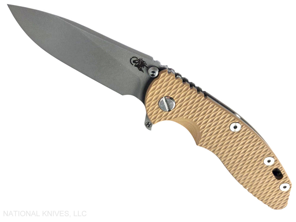 Rick Hinderer Knives XM-18 3.5" Slicer Hollow Grind folding knife with thumb stud and flipper tab - shown open presentation side.  Working Finish 20CV stainless steel plain edge blade.  Coyote G-10 handle with Battle Bronze lock side.  Model KXM35SLHO.