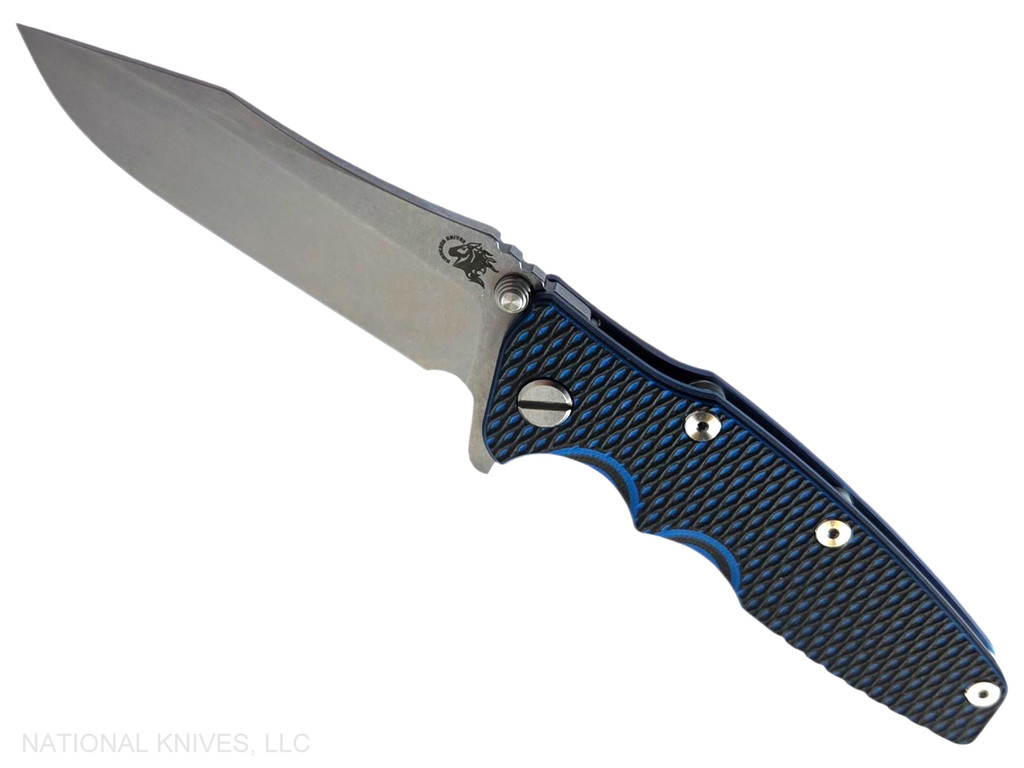 Rick Hinderer Knives Eklipse Spear Point folding knife with flipper tab and thumb stud - shown open presentation side.  Stonewash S45VN stainless steel plain edge blade.  Black G-10 handle with stonewash blue lock side.  Model KEK35SPE.