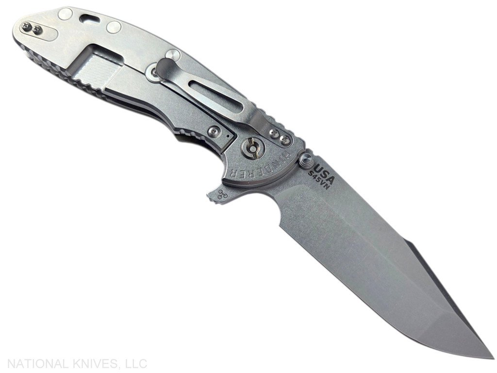 Rick Hinderer Knives XM-24 Harpoon Spanto folding knife with thumb stud and flipper tab - shown open lock side.  Stonewash S45VN stainless steel plain edge blade.  OD green G-10 handle with stonewash lock side.  Model KXM40HS.