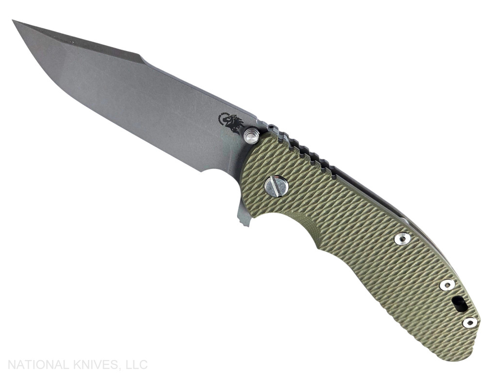 Rick Hinderer Knives XM-24 Harpoon Spanto folding knife with thumb stud and flipper tab - shown open presentation side.  Working Finish S45VN stainless steel plain edge blade.  OD green G-10 handle with Battle Bronze lock side.  Model KXM40HS.