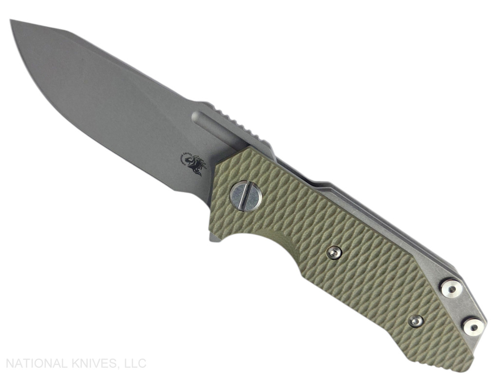 Rick Hinderer Knives Half Track Slicer folding knife with flipper tab - shown open presentation side.  Working Finish MagnaCut stainless steel plain edge blade.  OD green G-10 handle with Working Finish titanium lock side.  Model KHTSLI.