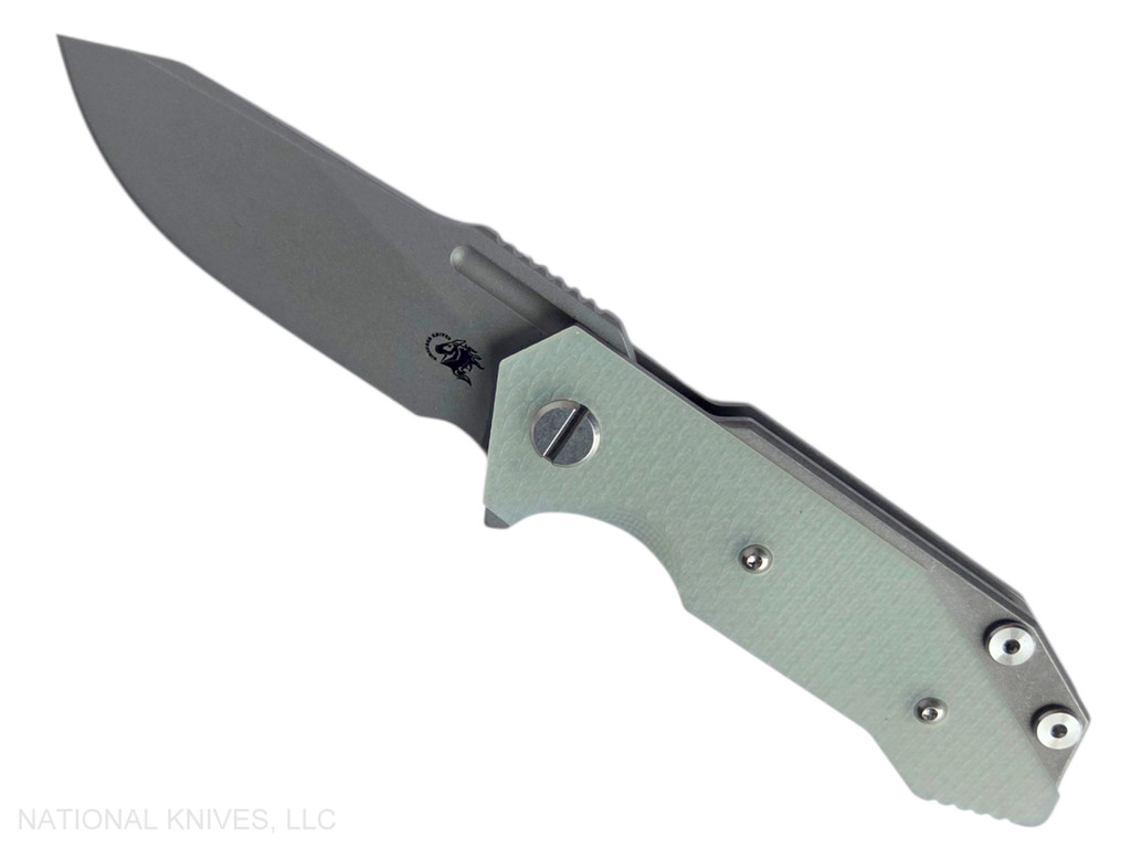 Rick Hinderer Knives Half Track Slicer folding knife with flipper tab - shown open presentation side.  Working Finish MagnaCut stainless steel plain edge blade.  Translucent Green G-10 handle with Working Finish titanium lock side.  Model KHTSLI.