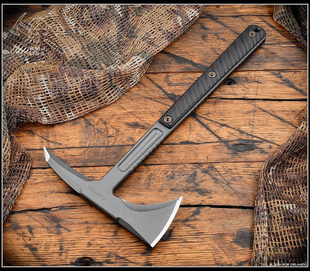 RMJ Tactical Kestrel tomahawk - shown out of sheath reverse.  Tungsten Cerakote S7 steel plain edge head.  Black G-10 handle.  Model T-KE-S7-TU-BL.