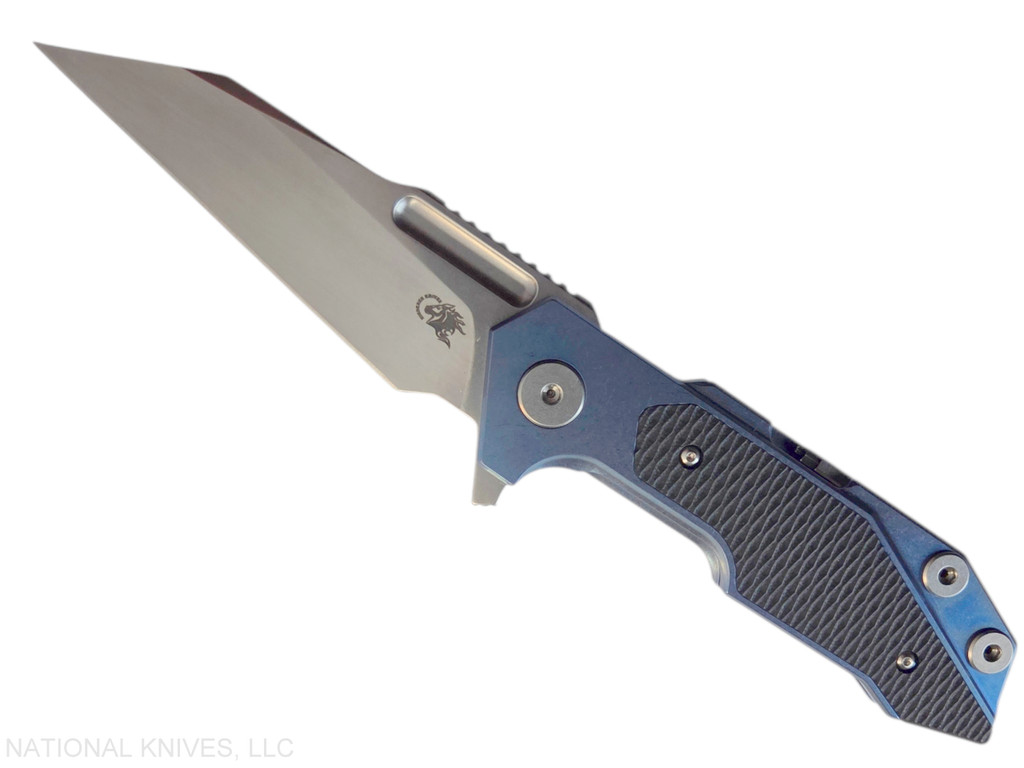 Rick Hinderer Knives Full Track Wharncliffe folding knife with flipper tab - shown open presentation side.  Stonewash S45VN stainless steel plain edge blade.  Stonewash blue titanium with black G-10 scales.  Model KFTRWC.