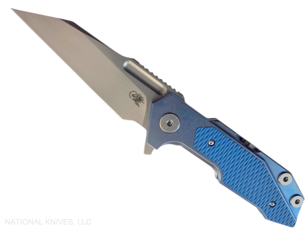 Rick Hinderer Knives Full Track Wharncliffe folding knife with flipper tab - shown open presentation side.  Stonewash S45VN stainless steel plain edge blade.  Stonewash blue titanium with blue G-10 scales.  Model KFTRWC.