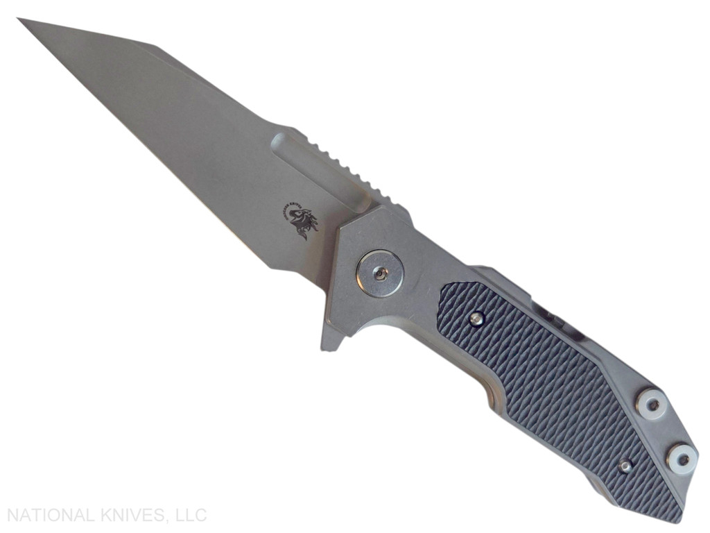 Rick Hinderer Knives Full Track Wharncliffe folding knife with flipper tab - shown open presentation side.  Working Finish S45VN stainless steel plain edge blade.  Working Finish titanium with black G-10 scales.  Model KFTRWC.