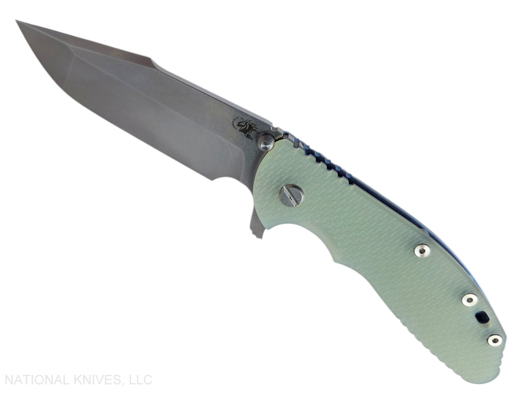 Rick Hinderer Knives XM-24 Harpoon Spanto folding knife with thumb stud and flipper tab - shown open presentation side.  Stonewash S45VN stainless steel plain edge blade.  Translucent Green G-10 handle with stonewash blue lock side.  Model KXM40HS.