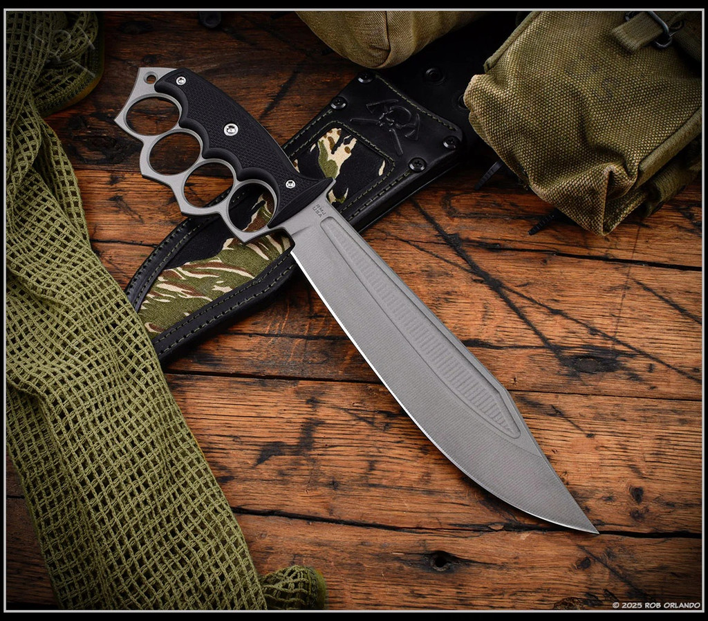 RMJ Tactical Marauder - shown out of sheath obverse. Savage Stainless Cerakote 3V steel plain edge blade.  Black G-10 handle scales.  Model K-MD-3V-SS-BLK-BLK/VT.