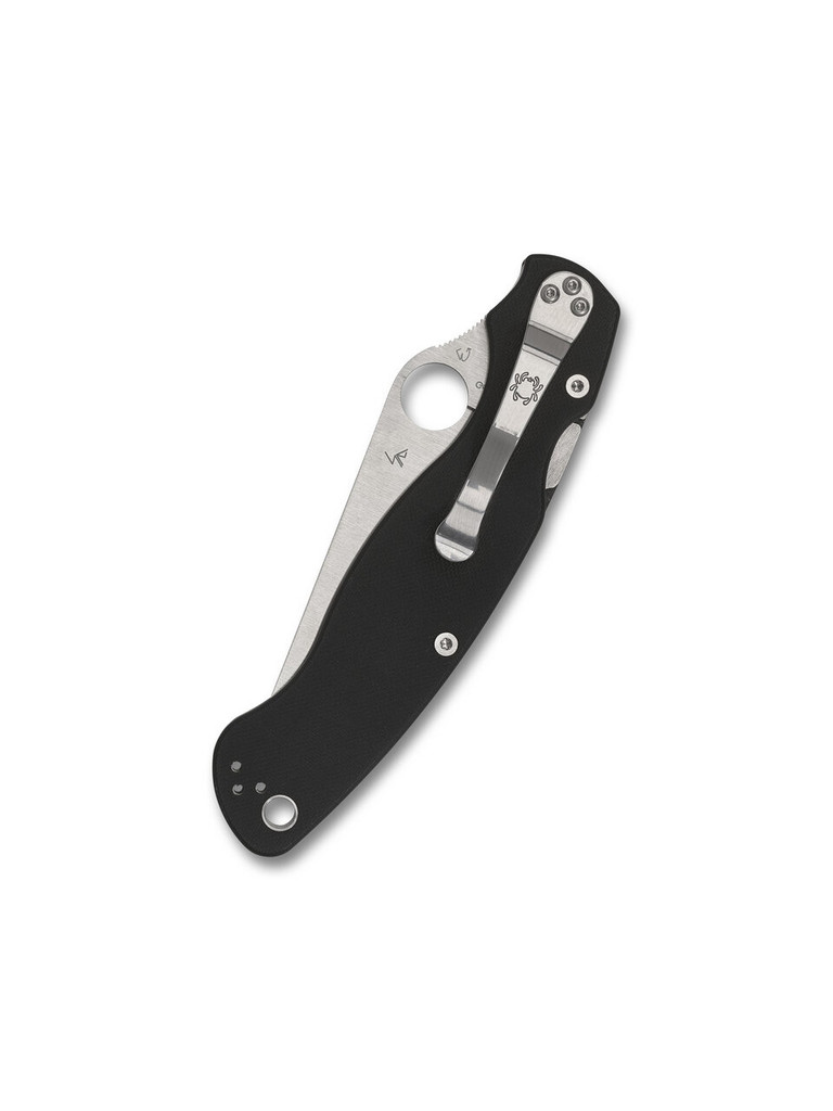 Spyderco Military 2 Left Hand folding knife with thumb hole - shown closed pocket clip side.  Satin S30V stainless steel plain edge blade.  Black G-10 handle.  Model C36GPLE2.