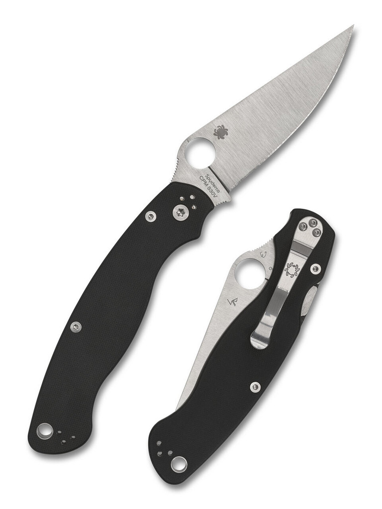 Spyderco Military 2 Left Hand folding knife with thumb hole - shown open presentation side and closed pocket clip side.  Satin S30V stainless steel plain edge blade.  Black G-10 handle.  Model C36GPLE2.