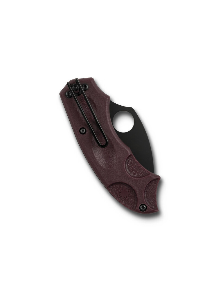 Spyderco Meerkat Sprint Run folding knife with thumb hole - shown closed pocket clip side.  Black PD#1 steel plain edge blade.  Burgundy G-10 handle.  Model C64BGBKP.