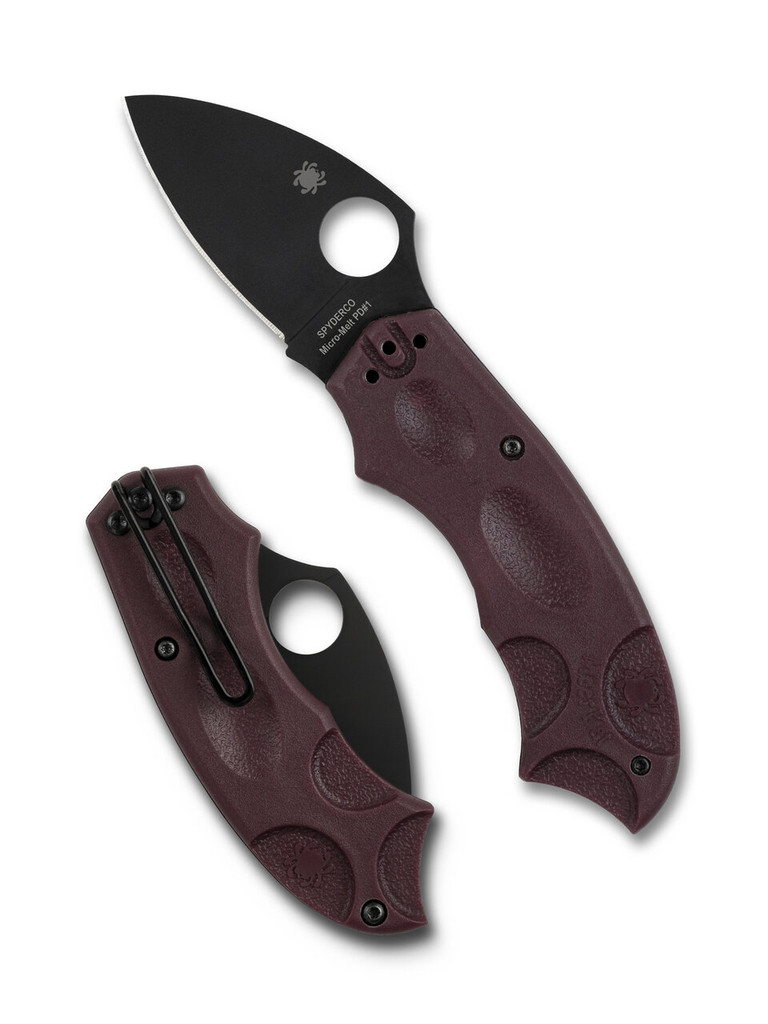 Spyderco Meerkat Sprint Run folding knife with thumb hole - shown open presentation side and closed pocket clip side.  Black PD#1 steel plain edge blade.  Burgundy G-10 handle.  Model C64BGBKP.