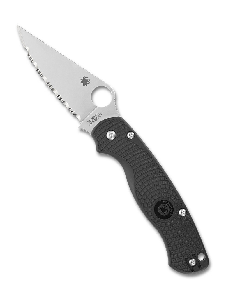 Spyderco Paramilitary 2 folding knife with thumb hole - shown open presentation side.  Satin CTS BD1N stainless steel serrated edge blade.  Black FRN handle.  Model C81SBK2.