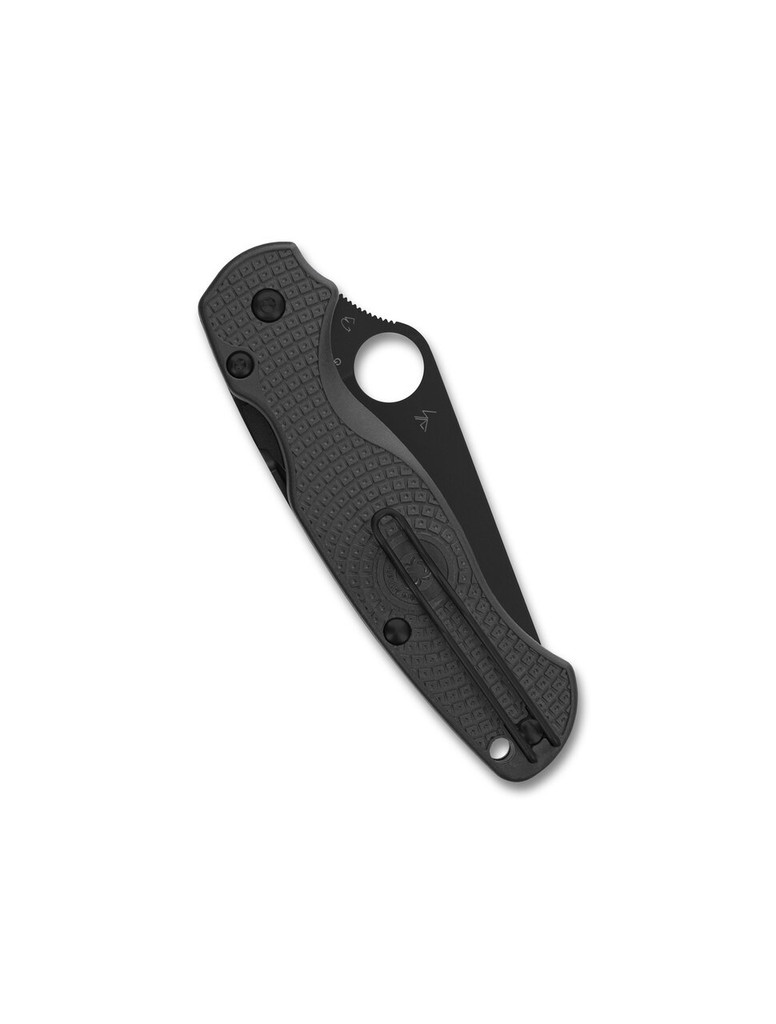 Spyderco Paramilitary 2 folding knife with thumb hole - shown closed pocket clip side.  Black CTS BD1N stainless steel plain edge blade.  Black FRN handle.  Model C81PBBK2.