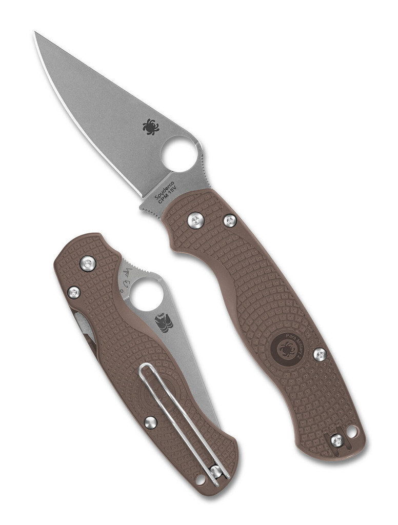 Spyderco Paramilitary 2 Sprint Run folding knife with thumb hole - shown open presentation side and closed pocket clip side.  Stonewash 15V steel plain edge blade.  Brown FRN handle.  Model C81PBN15V2.