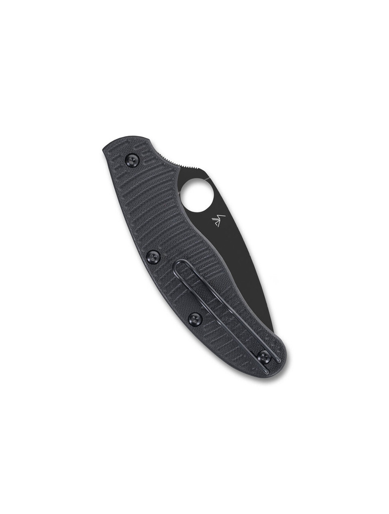 Spyderco UKPK Leaf Salt folding knife with thumb hole - shown closed pocket clip side.  Black MagnaCut stainless steel plain edge blade. Black G-10 handle.  Model C94GMCBKP.