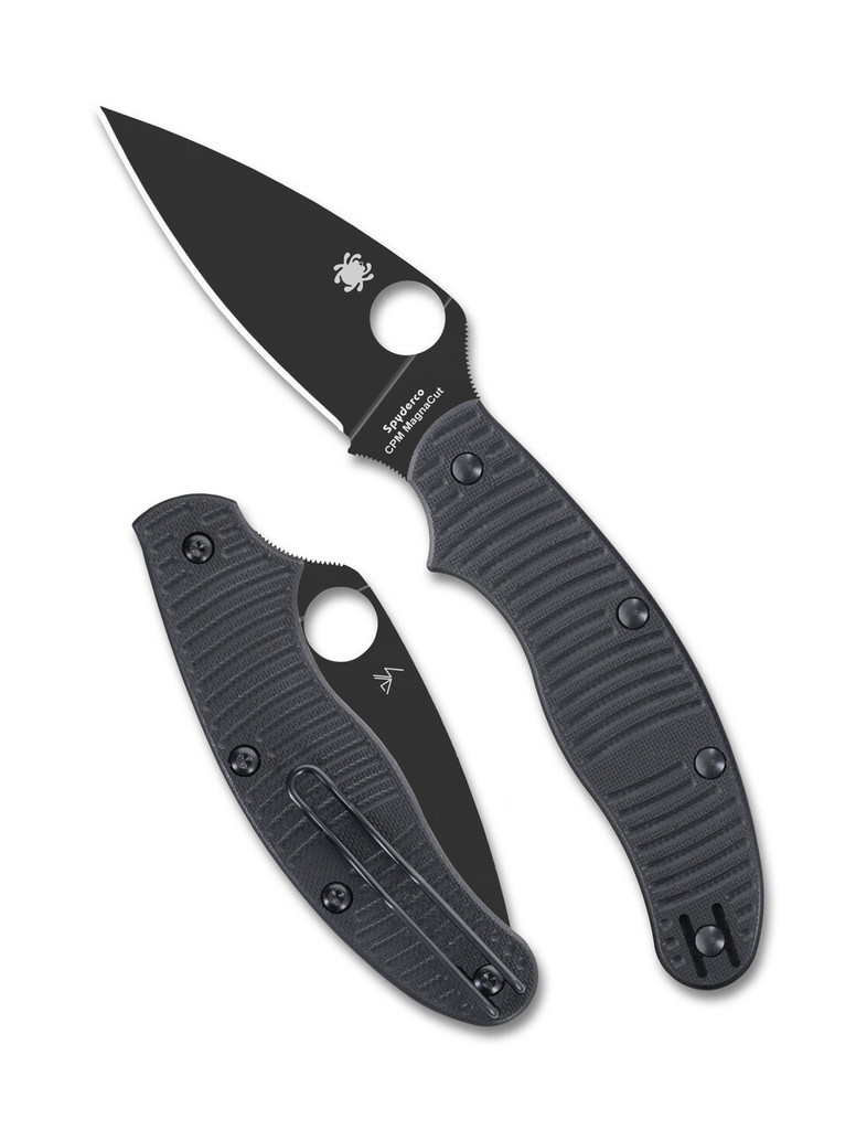 Spyderco UKPK Leaf Salt folding knife with thumb hole - shown open presentation side and closed pocket clip side.  Black MagnaCut stainless steel plain edge blade. Black G-10 handle.  Model C94GMCBKP.