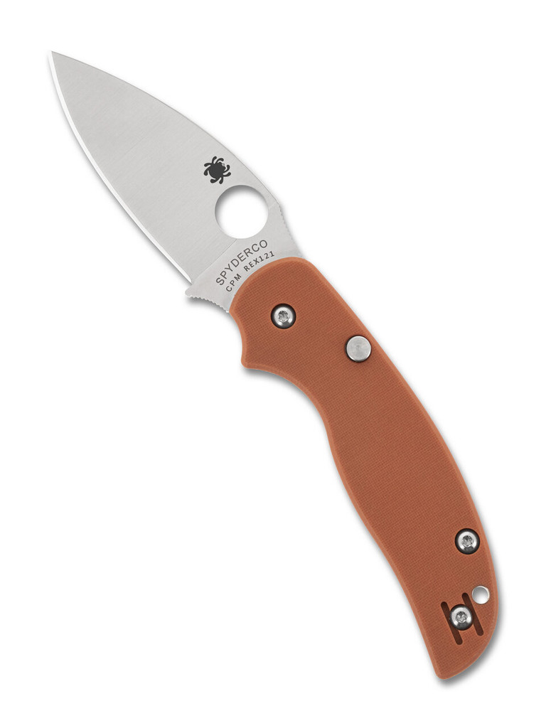 Spyderco Sage 6 folding knife with thumb hole - shown open presentation side.  Satin REX 121 steel plain edge blade.  Orange G-10 handle.  Model C123GPBOR.