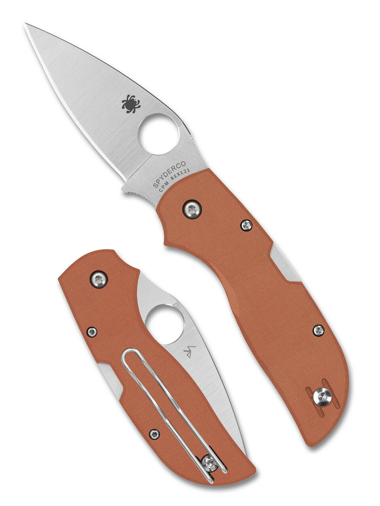 Spyderco Chaparral folding knife with thumb hole - shown open presentation side and closed pocket clip side.  Satin REX 121 steel plain edge blade. Orange G-10 handle.  Model C152GPBOR.