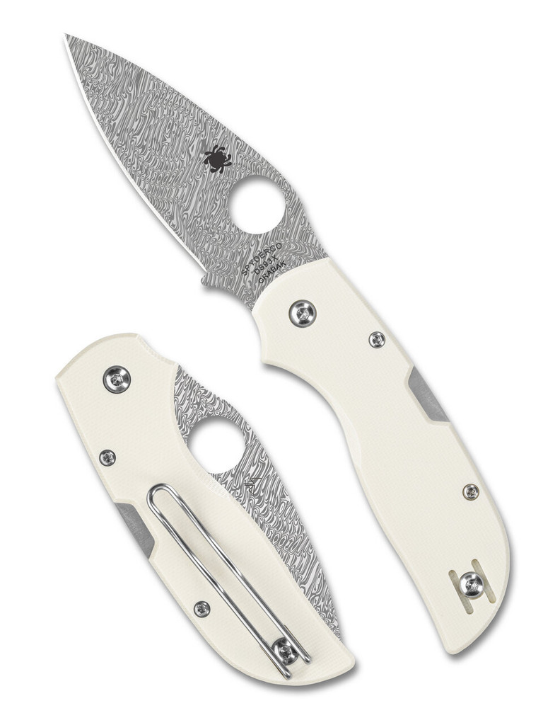 Spyderco Chaparral folding knife with thumb hole - shown open presentation side and closed pocket clip side.  Damasteel DS93X steel plain edge blade. Ivory G-10 handle.  Model C152GPIVD.