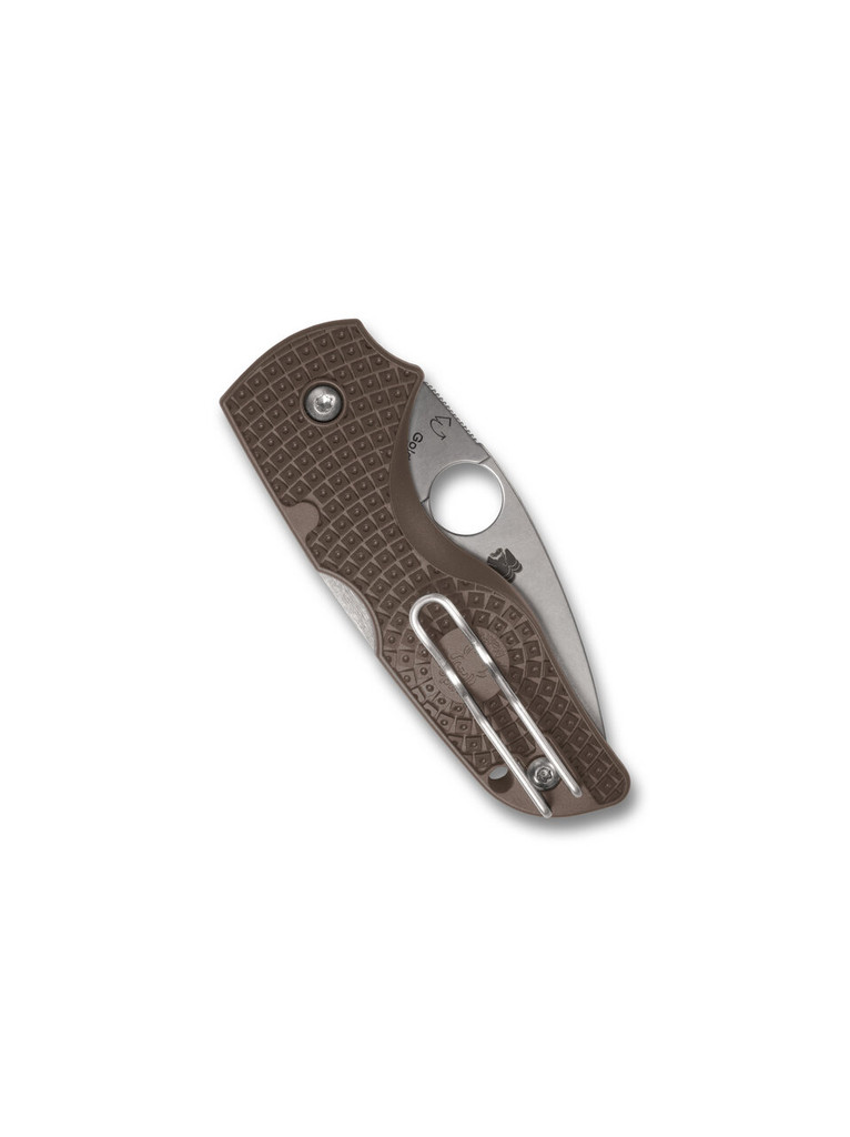 Spyderco Lil' Native Sprint Run folding knife with thumb hole - shown closed pocket clip side.  Stonewash 15V steel plain edge blade.  Brown FRN handle.  Model C230PBN15V.