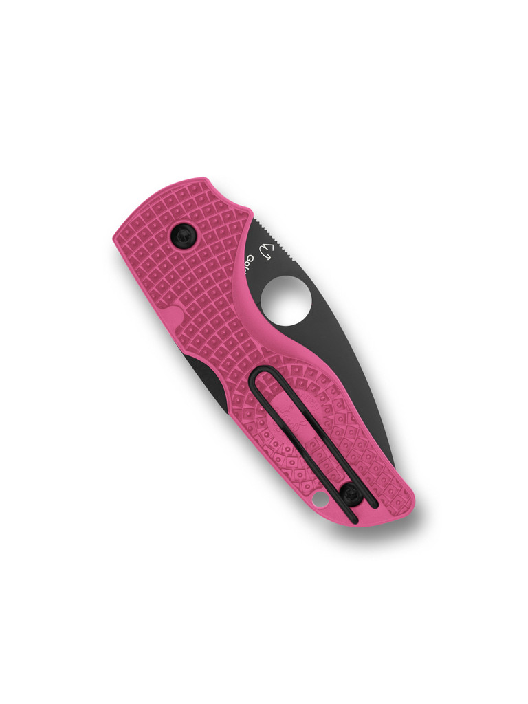 Spyderco Lil' Native folding knife with thumb hole - shown closed pocket clip side.  Black CTS-BD1N stainless steel plain edge blade.  Pink FRN handle.  Model C230PPNBK.