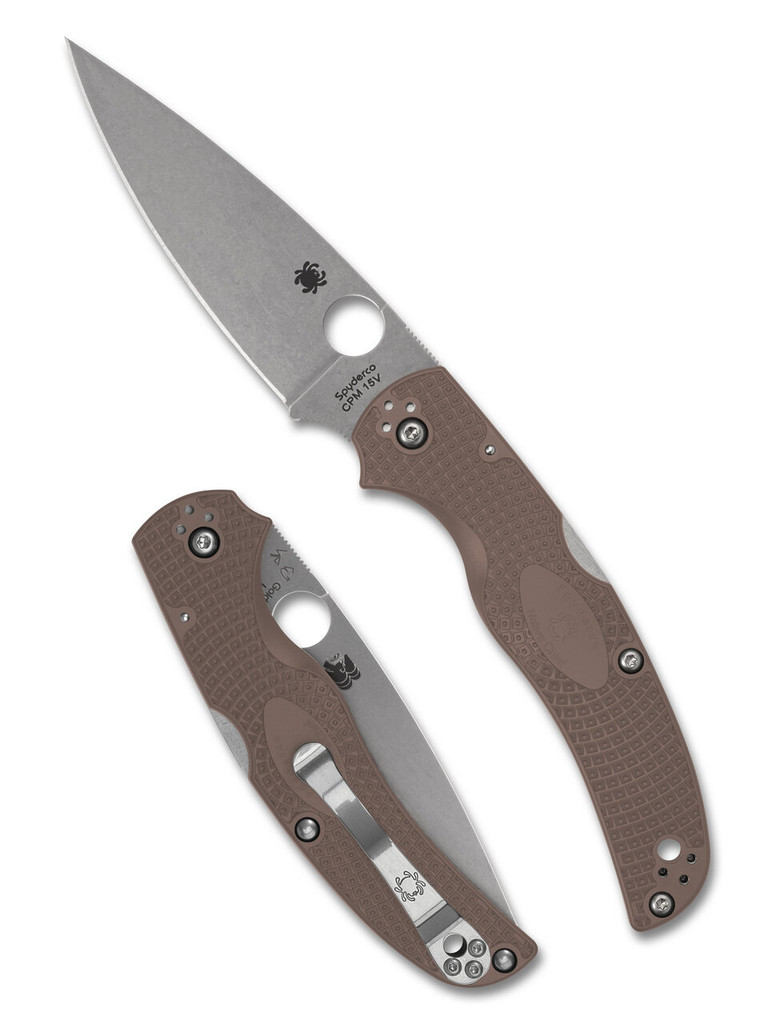 Spyderco Native Chief Sprint Run folding knife with thumb hole - shown open presentation side and closed pocket clip side.  Stonewash 15V steel plain edge blade.  Brown FRN handle.  Model C244PBN15V.
