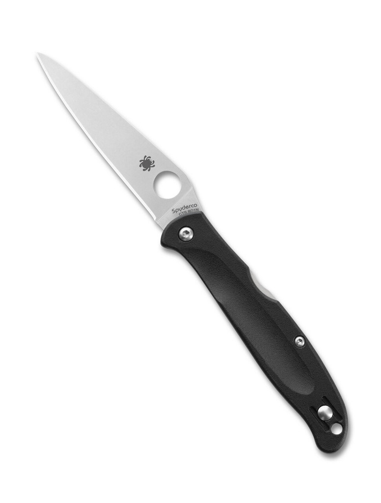 Spyderco Charisma folding knife with thumb hole - shown open presentation side.  Satin CTS BD1N stainless steel plain edge blade.  Black FRN handle.  Model C259PBK.