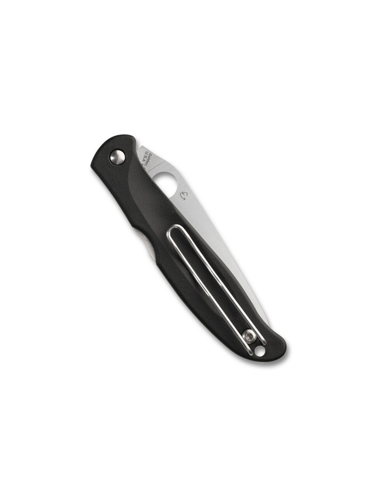 Spyderco Charisma folding knife with thumb hole - shown closed pocket clip side.  Satin CTS BD1N stainless steel plain edge blade.  Black FRN handle.  Model C259PBK.