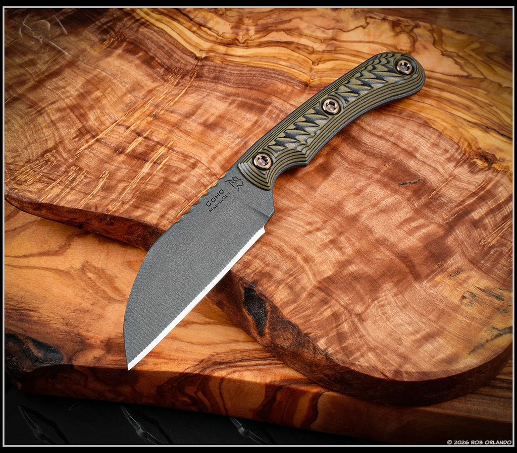RMJ Tactical Coho fixed blade knife - shown out of sheath reverse.  Tungsten Cerakote MagnaCut stainless steel plain edge blade.  Dirty Olive G-10 handle.  Model K-CO-MC-TU-DO.