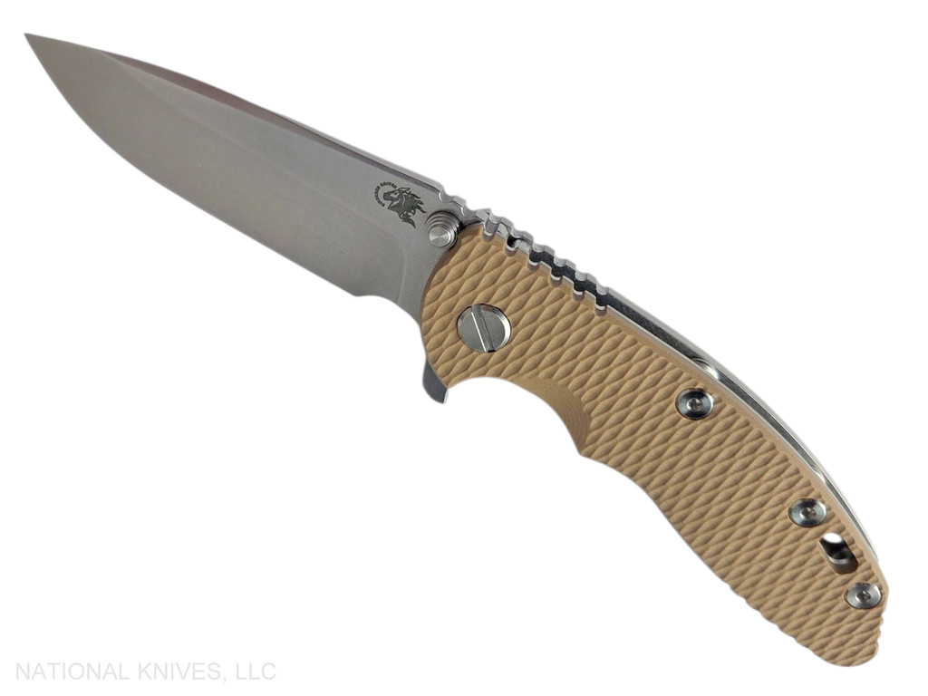 Rick Hinderer Knives XM-18 3.25" Spear Point folding knife with thumb stud and flipper tab - shown open presentation side.  Stonewash S45VN stainless steel plain edge blade.  Coyote G-10 handle with stonewash lock side.  Model KXM325SPE.