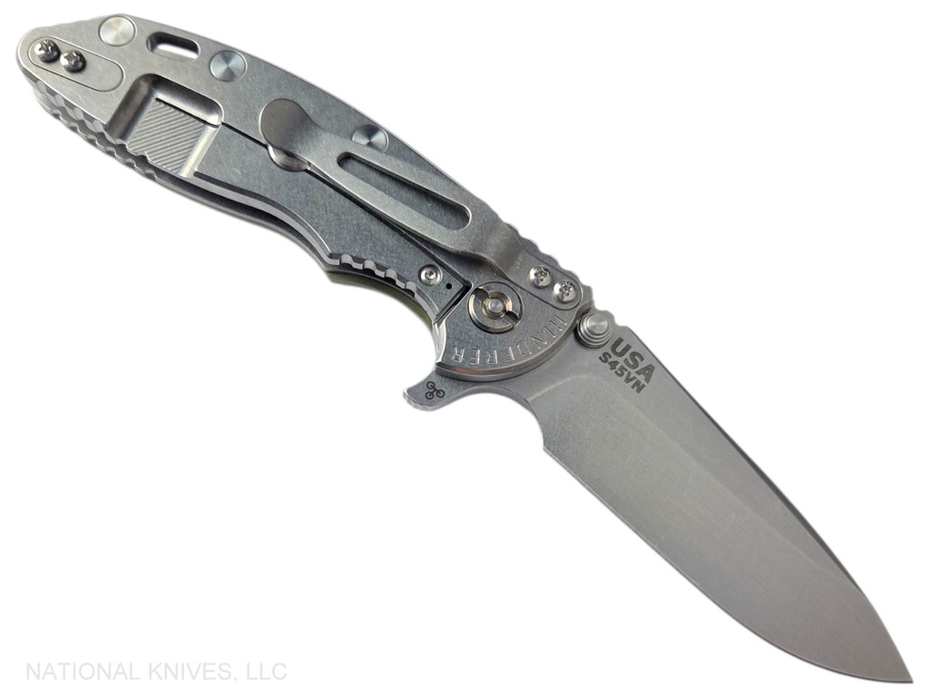 Rick Hinderer Knives XM-18 3.25" Spear Point folding knife with thumb stud and flipper tab - shown open lock side.  Stonewash S45VN stainless steel plain edge blade.  OD green G-10 handle with stonewash lock side.  Model KXM325SPE.