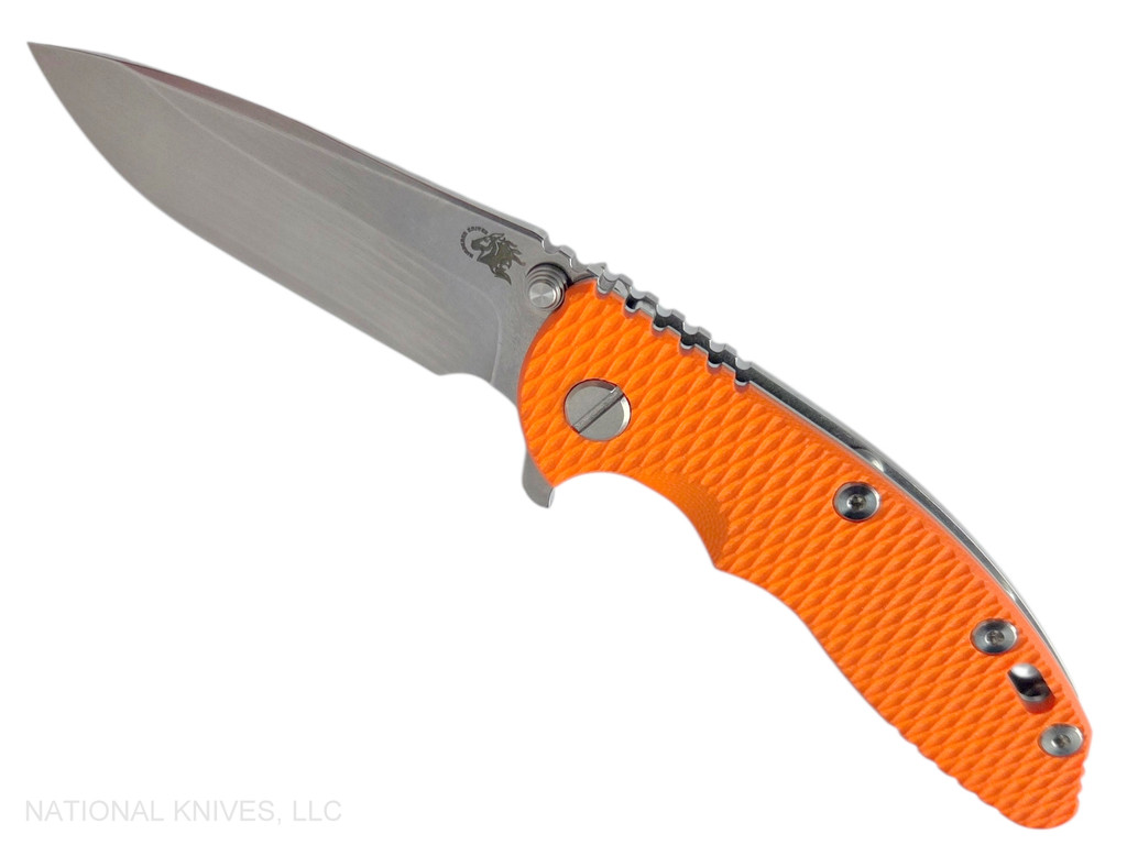 Rick Hinderer Knives XM-18 3.25" Spear Point folding knife with thumb stud and flipper tab - shown open presentation side.  Stonewash S45VN stainless steel plain edge blade.  Orange G-10 handle with stonewash lock side.  Model KXM325SPE.