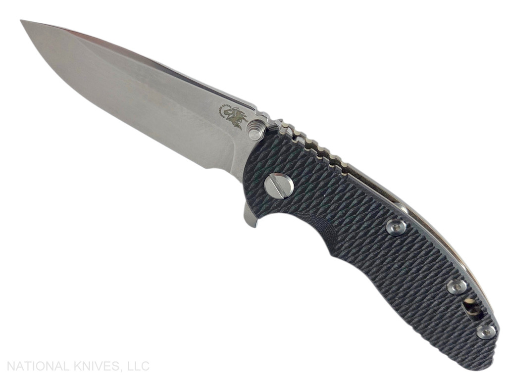 Rick Hinderer Knives XM-18 3.25" Spear Point folding knife with thumb stud and flipper tab - shown open presentation side.  Stonewash S45VN stainless steel plain edge blade.  Black G-10 handle with stonewash bronze lock side.  Model KXM325SPE.