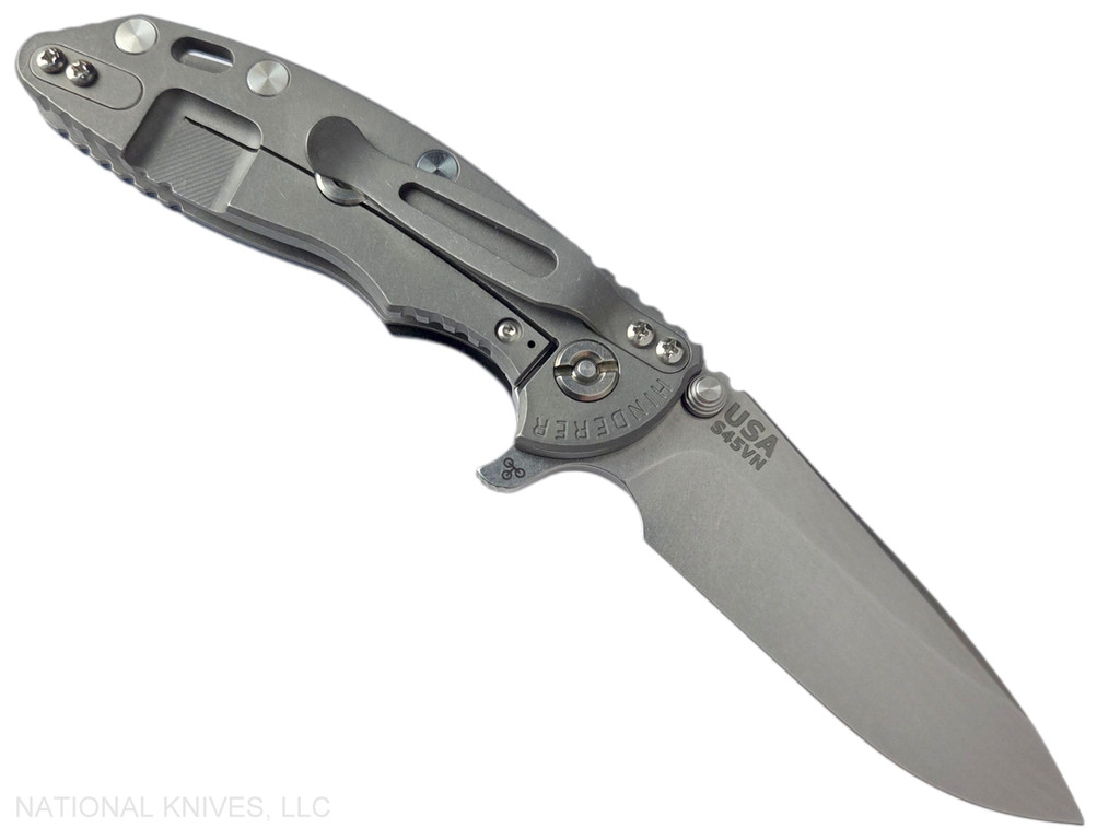 Rick Hinderer Knives XM-18 3.25" Spear Point folding knife with thumb stud and flipper tab - shown open lock side.  Stonewash S45VN stainless steel plain edge blade.  Blue - Black G-10 handle with Working Finish lock side.  Model KXM325SPE.
