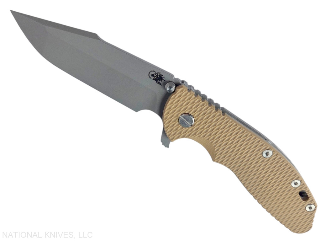 Rick Hinderer Knives XM-24 Harpoon Spanto folding knife with thumb stud and flipper tab - shown open presentation side.  Working Finish S45VN stainless steel plain edge blade.  Coyote G-10 handle with Working Finish lock side.  Model KXM40HS.
