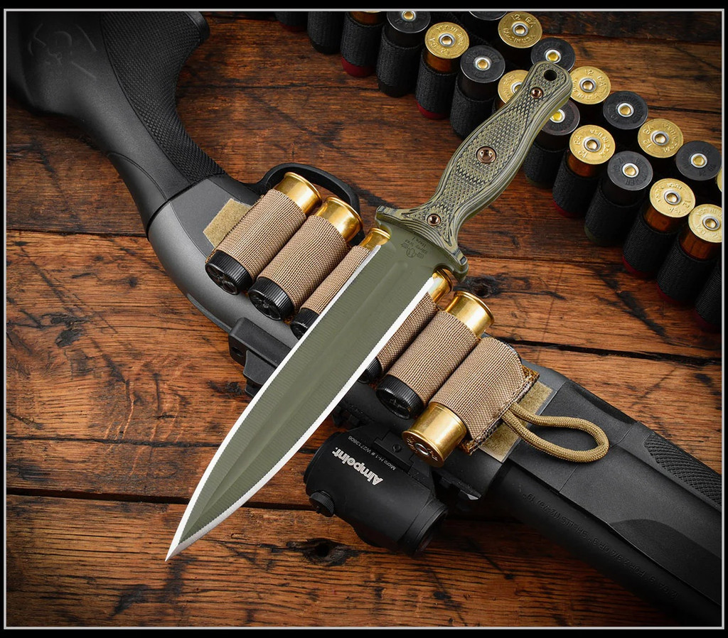 RMJ Tactical Kilroy fixed blade knife - shown out of sheath reverse.  OD Green Cerakote M390 steel, double plain edge, blade.  Dirty Olive G-10 handle scales. Model K-KRY-M390-ODG-DO.