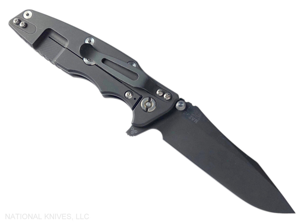 Rick Hinderer Knives Eklipse Spear Point folding knife with flipper tab and thumb stud - shown open lock side.  Battle Black S45VN stainless steel plain edge blade.  OD green G-10 handle with Battle Black lock side.  Model KEK35SPEDLC.
