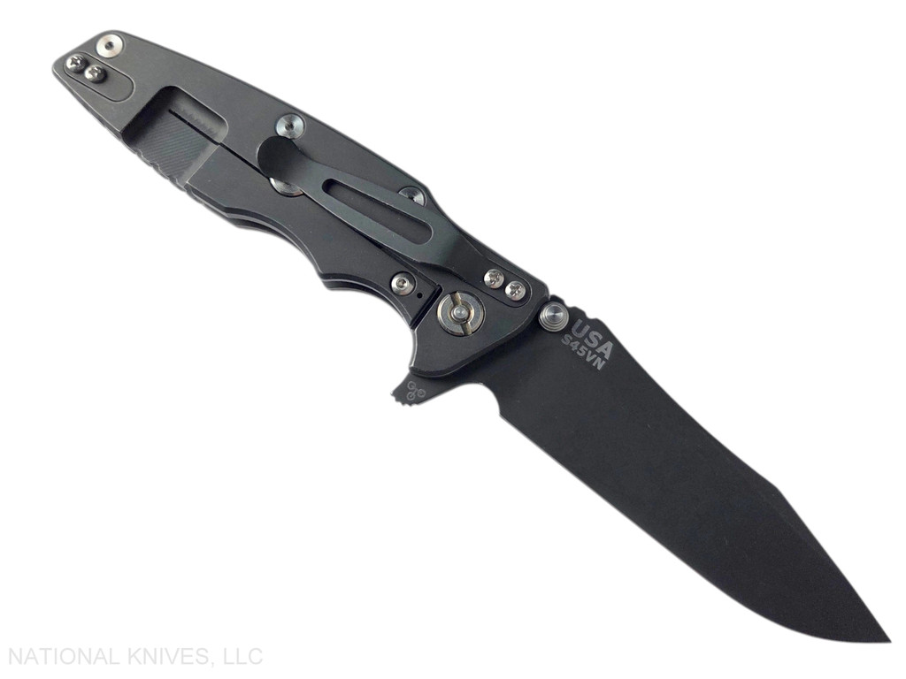 Rick Hinderer Knives Eklipse Spear Point folding knife with flipper tab and thumb stud - shown open lock side.  Battle Black S45VN stainless steel plain edge blade.  FDE G-10 handle with Battle Black lock side.  Model KEK35SPEDLC.