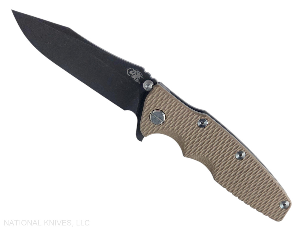 Rick Hinderer Knives Eklipse Spear Point folding knife with flipper tab and thumb stud - shown open presentation side.  Battle Black S45VN stainless steel plain edge blade.  FDE G-10 handle with Battle Black lock side.  Model KEK35SPEDLC.