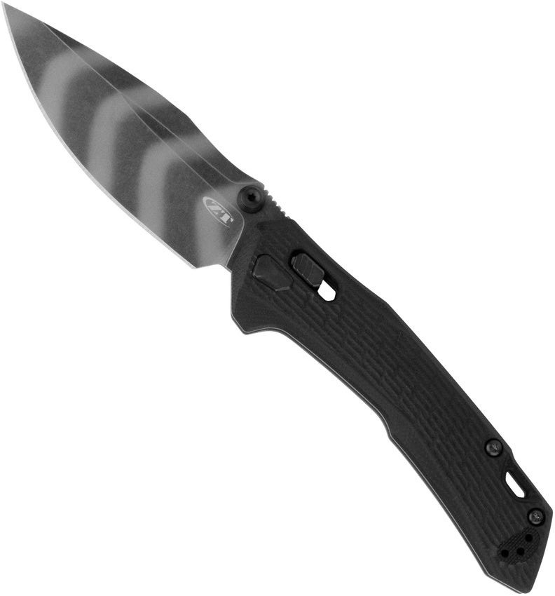 Zero Tolerance 0203BLKTS folding knife with thumb stud - shown open presentation side.  Tiger Stripe CPM M4 steel plain edge blade.  Black G-10 handle.  Model 0203BLKTS.