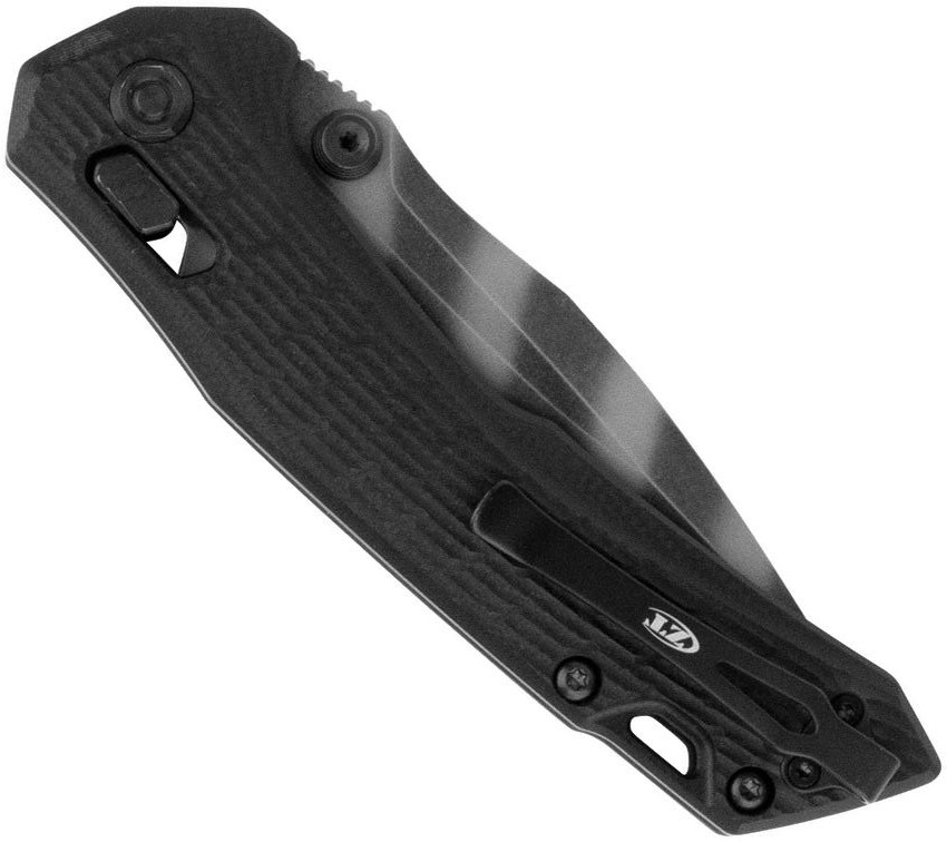 Zero Tolerance 0203BLKTS folding knife with thumb stud - shown closed pocket clip side.  Tiger Stripe CPM M4 steel plain edge blade.  Black G-10 handle.  Model 0203BLKTS.