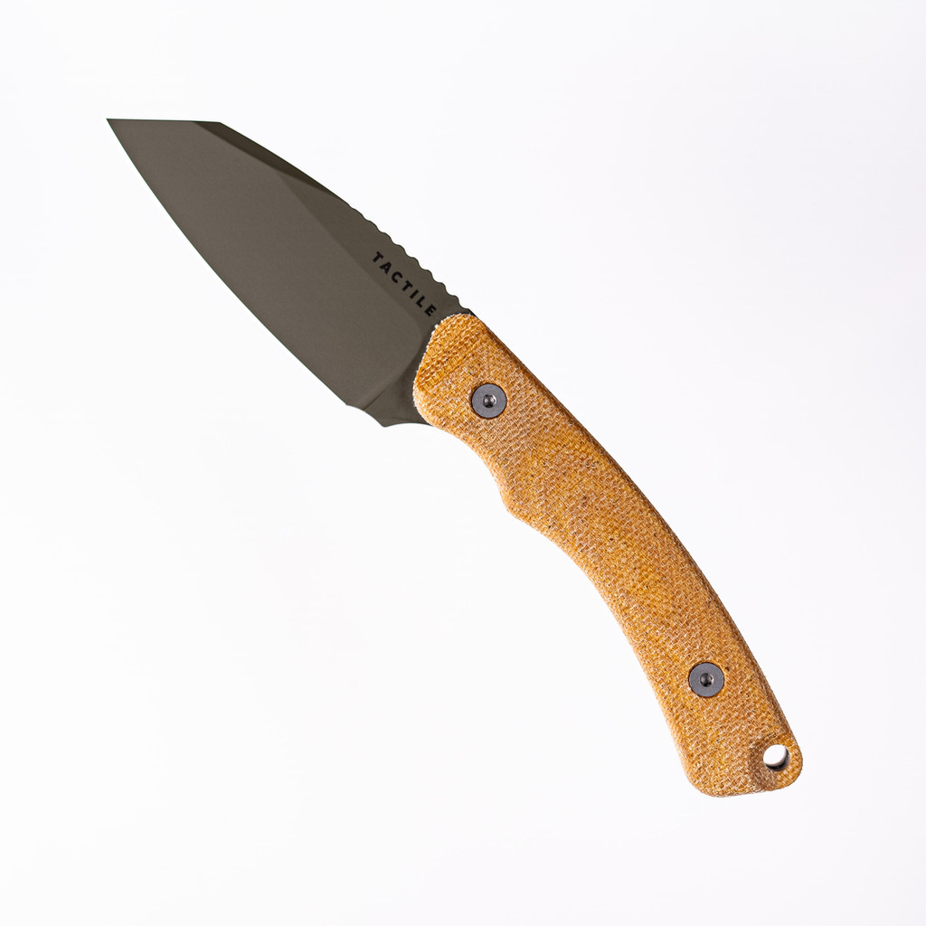 Tactile Knife Co Redhawk fixed blade knife - shown out of sheath obverse.  Green Cerakote MagnaCut stainless steel plain edge blade.  Natural Micarta handle.  Model 20-RL-MCBC-RMBL.