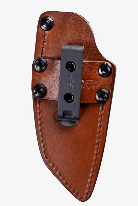 Tactile Knife Co Redhawk fixed blade knife - brown leather sheath only - reverse.  Black Cerakote MagnaCut stainless steel plain edge blade.  Black Micarta handle.  Model 20-RL-MCBC-RMBL.