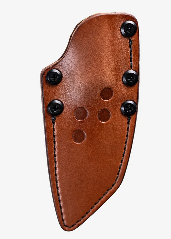 Tactile Knife Co Redhawk fixed blade knife - brown leather sheath only - obverse.  Black Cerakote MagnaCut stainless steel plain edge blade.  Black Micarta handle.  Model 20-RL-MCBC-RMBL.