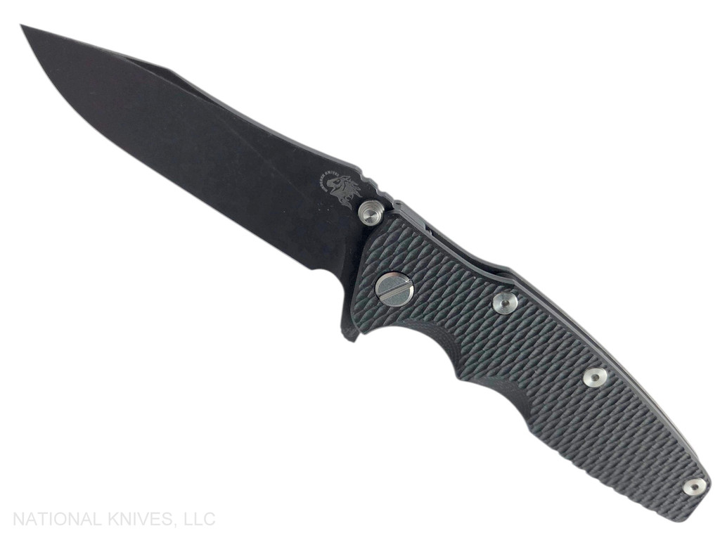 Rick Hinderer Knives Eklipse folding knife with flipper tab - shown open - presentation side.  Battle Black 3.5" hollow grind S45VN stainless steel plain edge blade.  Black G-10 handle scale with Battle Black lock side.  Model KEK35SLHODLC.