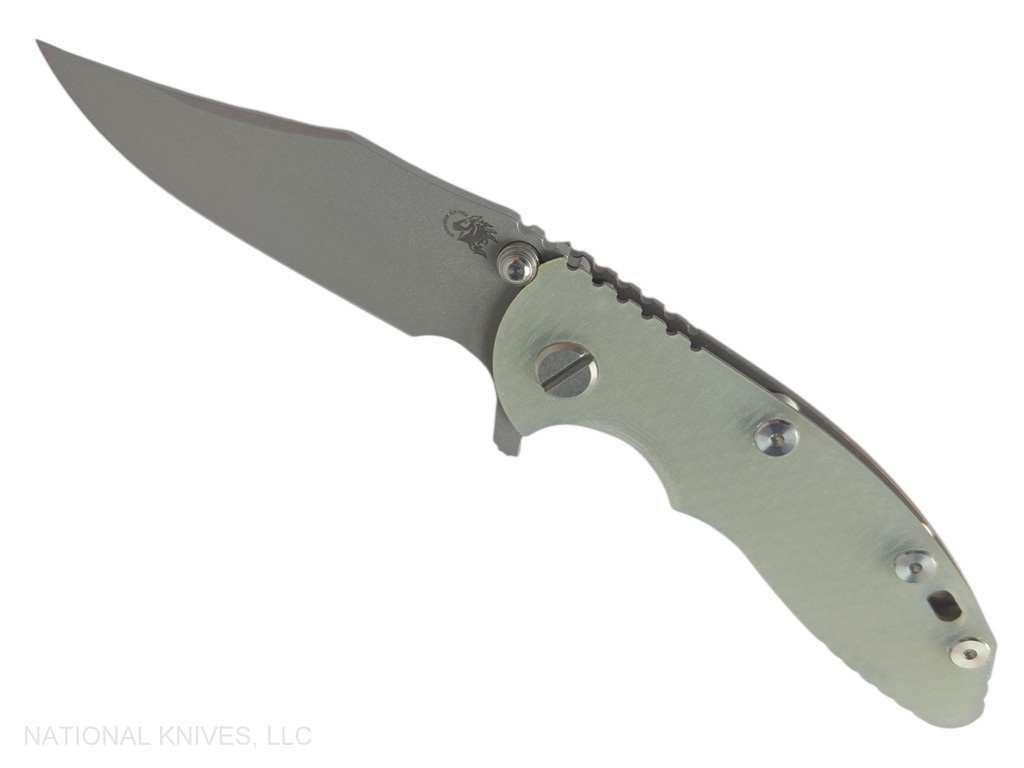 Rick Hinderer Knives XM-18 3.0" Bowie folding knife with thumb stud and flipper tab - shown open presentation side.  Working Finish 20CV stainless steel plain edge blade.  Translucent Green G-10 handle with Battle Bronze lock side.  Model KXM30BOW.