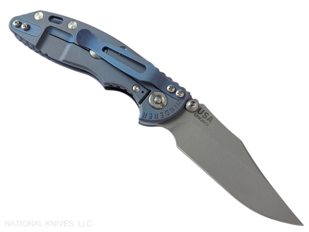 Rick Hinderer Knives XM-18 3.0" Non Flipper Bowie folding knife with thumb stud - shown open lock side.  Working Finish 20CV stainless steel plain edge blade.  Black G-10 handle with Battle Blue lock side.  Model KXM30BOWNF.