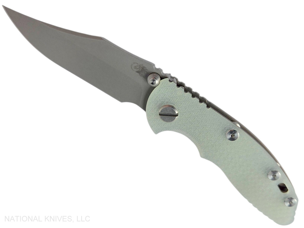Rick Hinderer Knives XM-18 Non Flipper 3.0" Bowie folding knife with thumb stud - shown open presentation side.  Working Finish 20CV stainless steel plain edge blade.  Translucent Green G-10 handle with Battle Bronze lock side.  Model KXM30BOWNF.